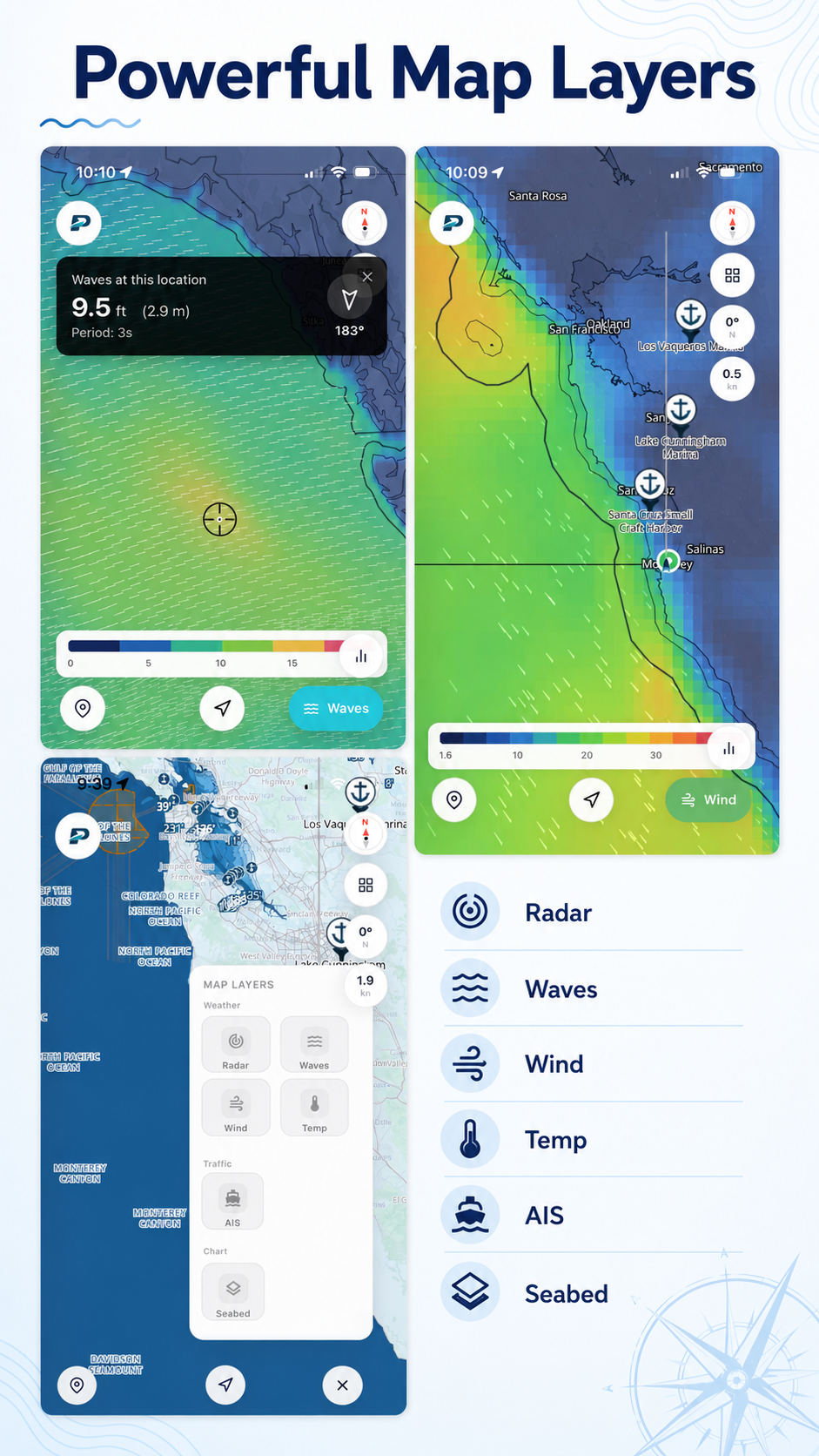 Live map layers: radar, waves, wind, AIS, seabed.
