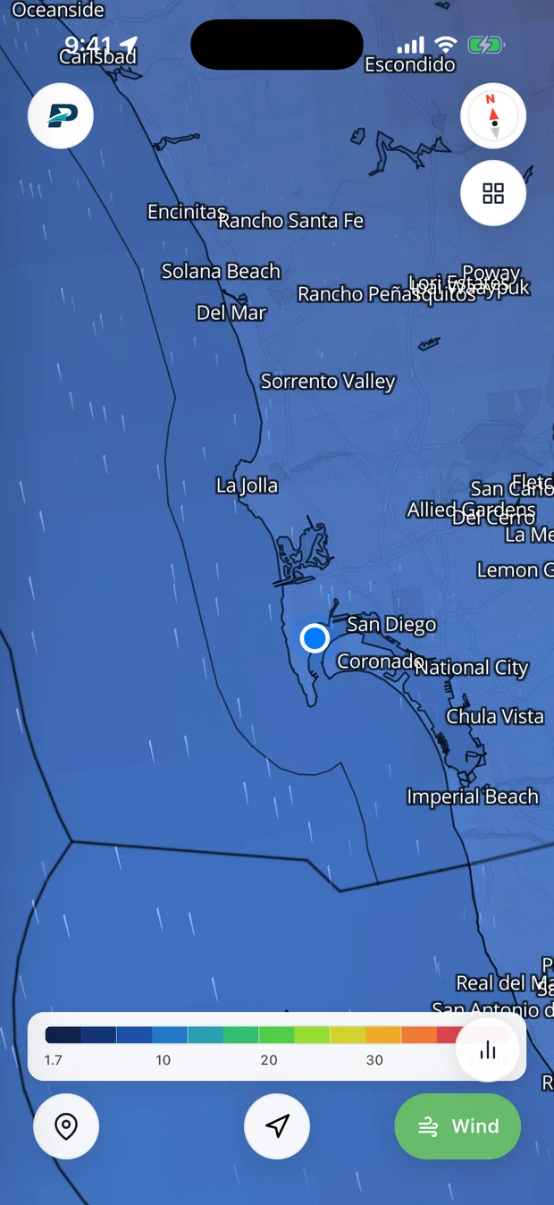 Pathr wind overlay with flowing particles and a wind speed legend