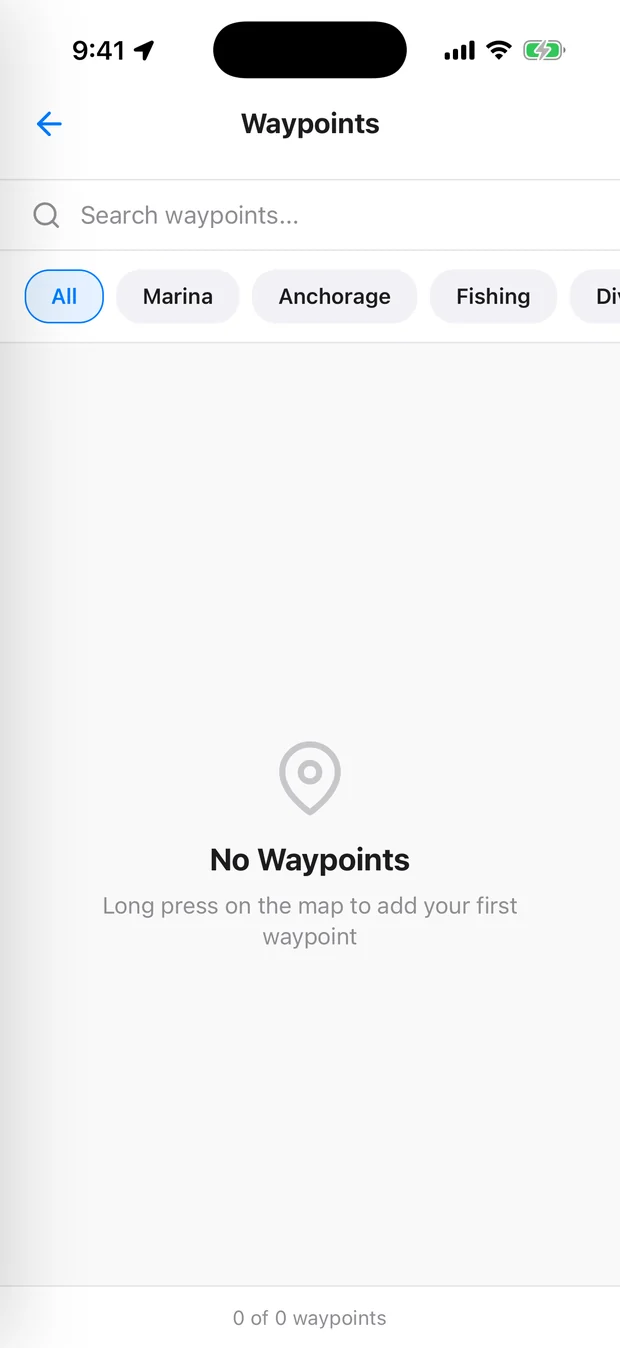 Pathr Waypoints screen with Marina, Anchorage and Fishing filters