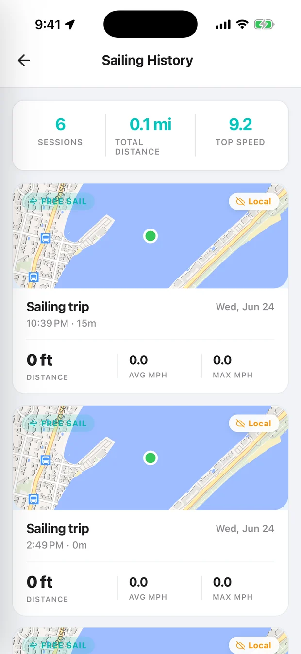 Pathr Sailing History with sessions, distance, top speed and per-trip cards