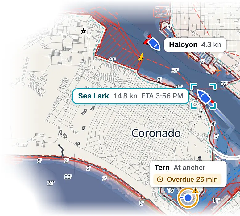 The Pathr Fleet chart in the interactive demo, with a simulated fleet: Halcyon and Sea Lark under way off Coronado, and Tern, a rental at anchor, overdue by 25 minutes.