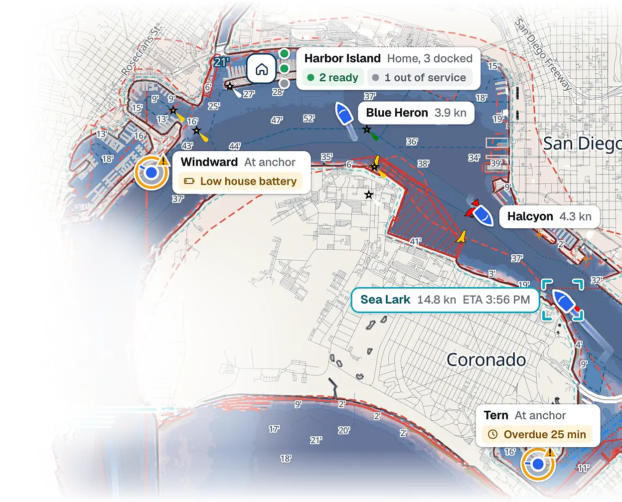 The Pathr Fleet chart of San Diego Bay in the interactive demo, with a simulated fleet: Harbor Island marina with two boats ready, Blue Heron, Halcyon and Sea Lark under way with their speeds, Windward at anchor with a low house battery, and Tern, a rental at anchor, overdue by 25 minutes.