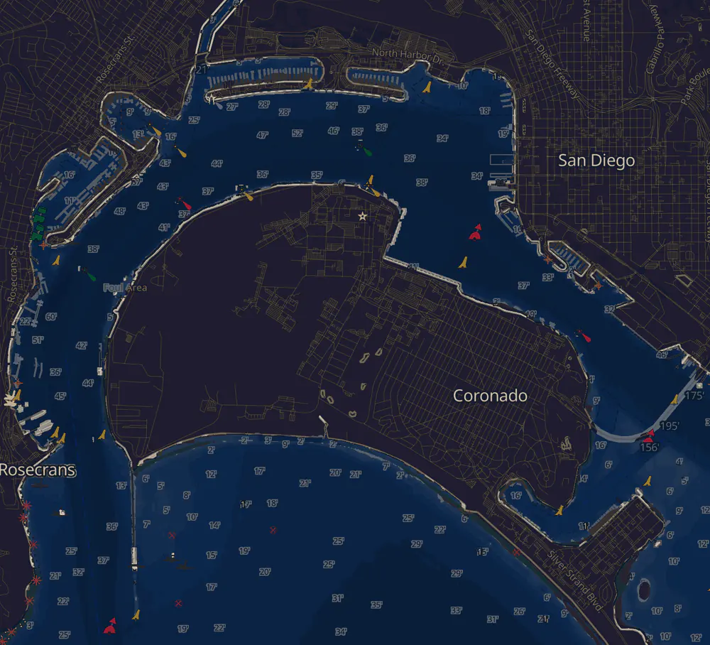 Pathr's chart of San Diego Bay with a route drawn in gold from Shelter Island, up the channel and along the downtown waterfront, under the Coronado Bridge