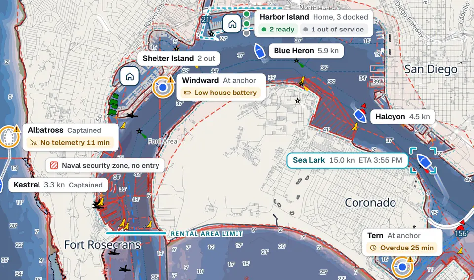 The Pathr Fleet chart of San Diego Bay in the interactive demo, with a simulated fleet: Harbor Island marina with two boats ready, Blue Heron and Halcyon under way, Windward at anchor with a low house battery, Albatross with no telemetry for 11 minutes, Tern overdue by 25 minutes, and Sea Lark selected, under way at 15 knots.
