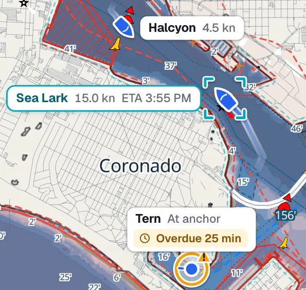 The Pathr Fleet chart in the interactive demo, with a simulated fleet: Sea Lark selected, under way at 15 knots off Coronado, Halcyon under way, and Tern overdue by 25 minutes.