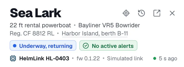 Sea Lark, a 22 foot rental powerboat, under way and returning, with no active alerts. Its unit: HelmLink HL-0403, firmware 0.1.22, simulated link, last heard 5 seconds ago.