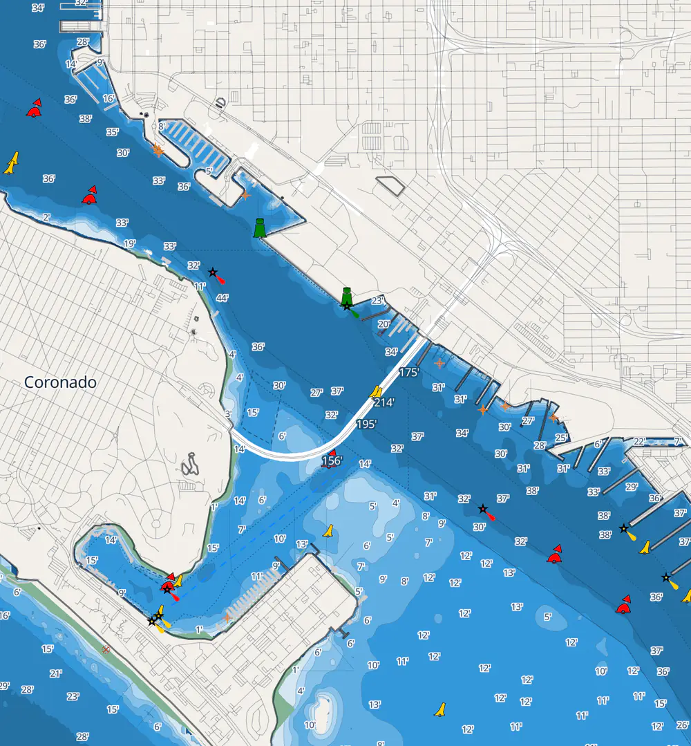 Pathr’s chart of San Diego Bay with a boat under way on a route Pathr planned, in the channel past downtown toward the Coronado Bridge, with the HelmLink spec beside it