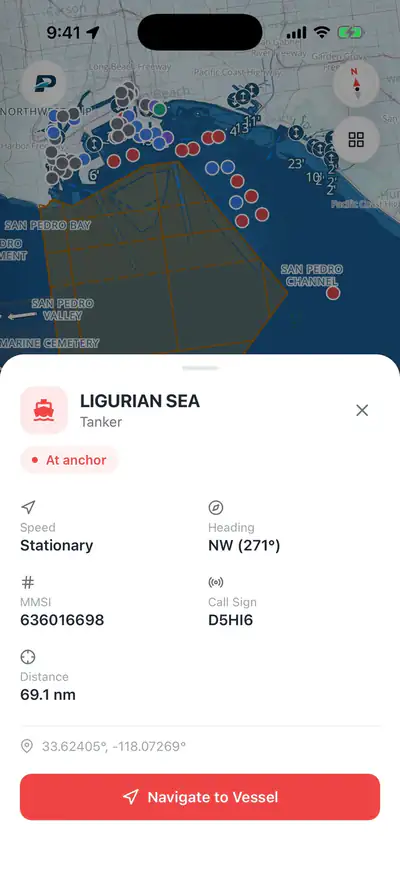 Pathr showing AIS vessels in San Pedro Bay, with details for the tanker Ligurian Sea at anchor