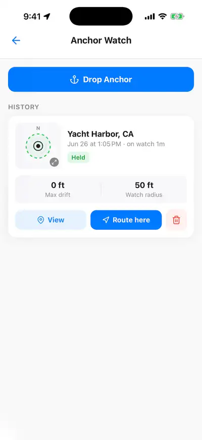 Pathr anchor watch history: the anchor held, with 0 feet of drift inside a 50 foot watch radius