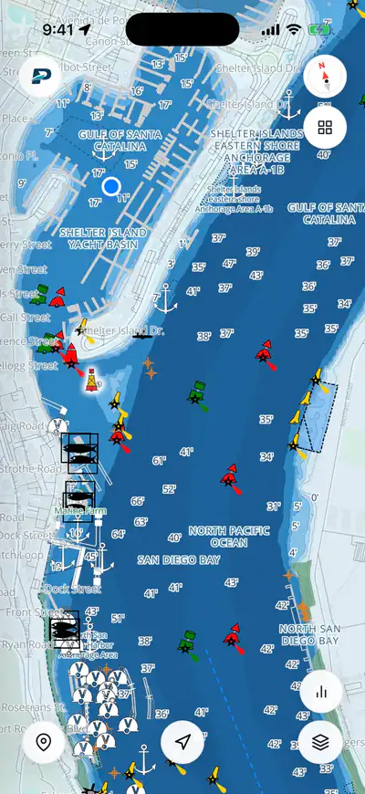 Pathr chart of Shelter Island and San Diego Bay with depth soundings, buoys and your position