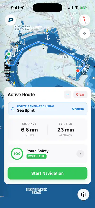 Pathr planning a route across San Diego Bay: 6.6 nautical miles, 23 minutes, Route Safety 100, excellent