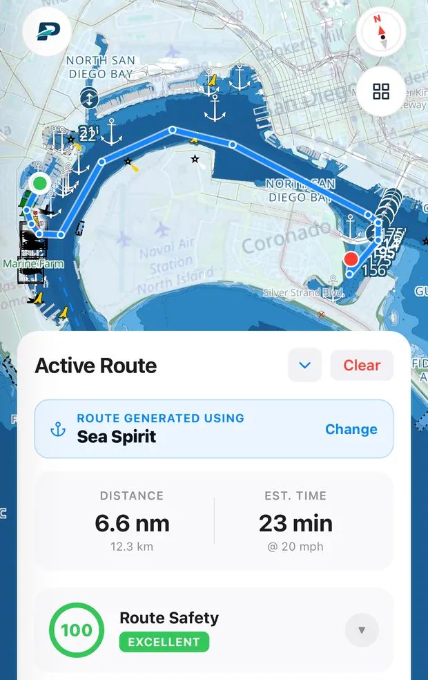 The Pathr app with a route planned across San Diego Bay: 6.6 nm, 23 minutes, Route Safety 100, Excellent