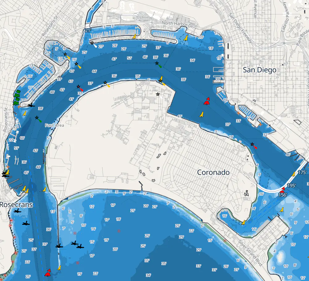 Pathr's chart of San Diego Bay with a route planned from Shelter Island up the channel and along the downtown waterfront, under the Coronado Bridge