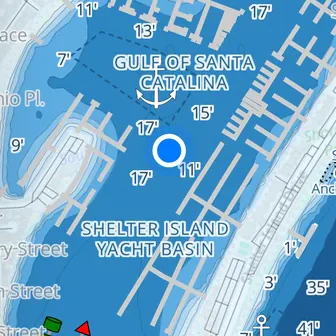 Pathr's chart of the Shelter Island yacht basin, with the blue dot of your position