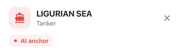 The Pathr AIS card for Ligurian Sea, a tanker at anchor
