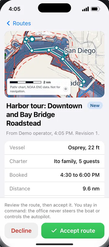 The captain’s phone in the demo: a route sent by the office for review, with Decline and Accept route. The screen says the office never steers the boat or controls the autopilot.