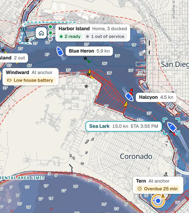Pathr Fleet in the interactive demo, with a simulated fleet: the fleet overview on Pathr’s chart of San Diego Bay, with each boat’s status and alerts, Sea Lark under way, and Tern at anchor, overdue by 25 minutes.