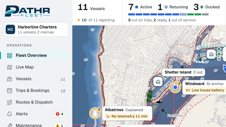 The Pathr Fleet dashboard in the interactive demo, with a simulated fleet: the fleet overview with 11 vessels, 7 active, and boats with their alerts on Pathr’s chart.